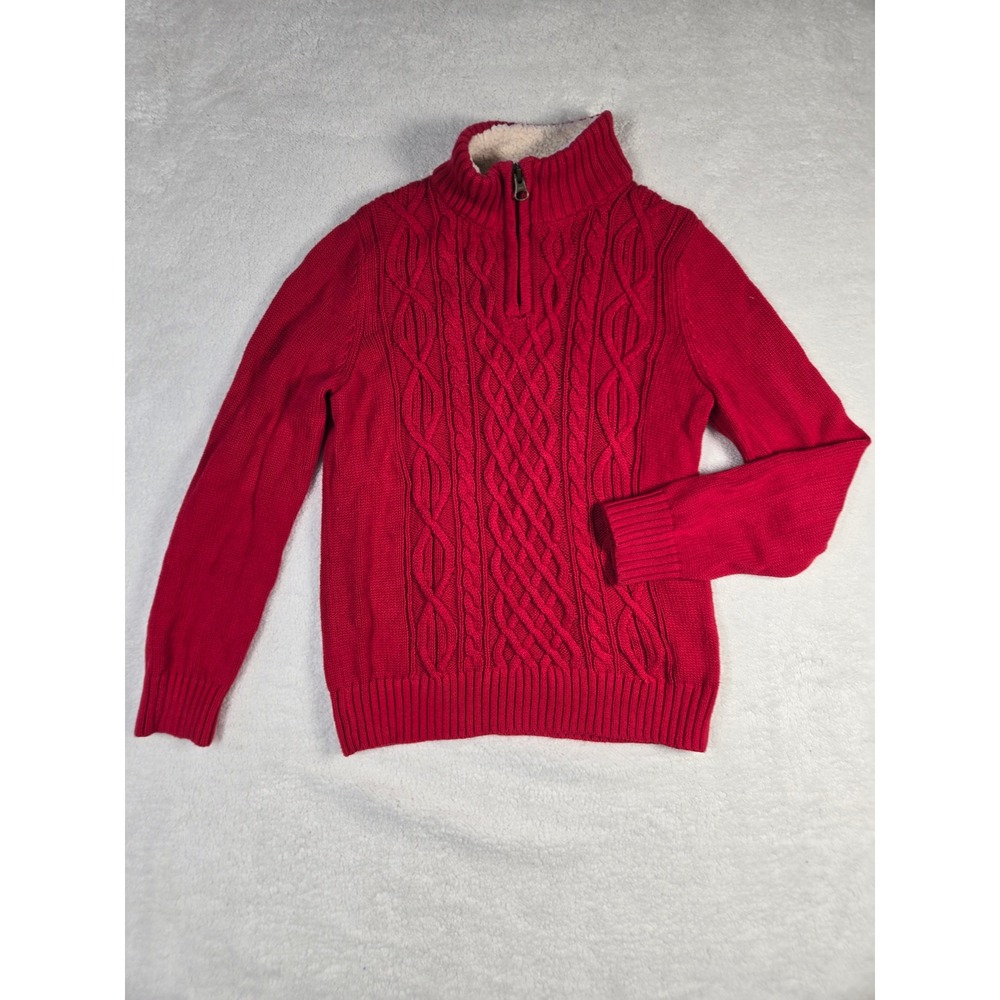 Lands End Red Cable Knit Quarter Zip Sweater Sherpa Lined Mock Neck Small 8